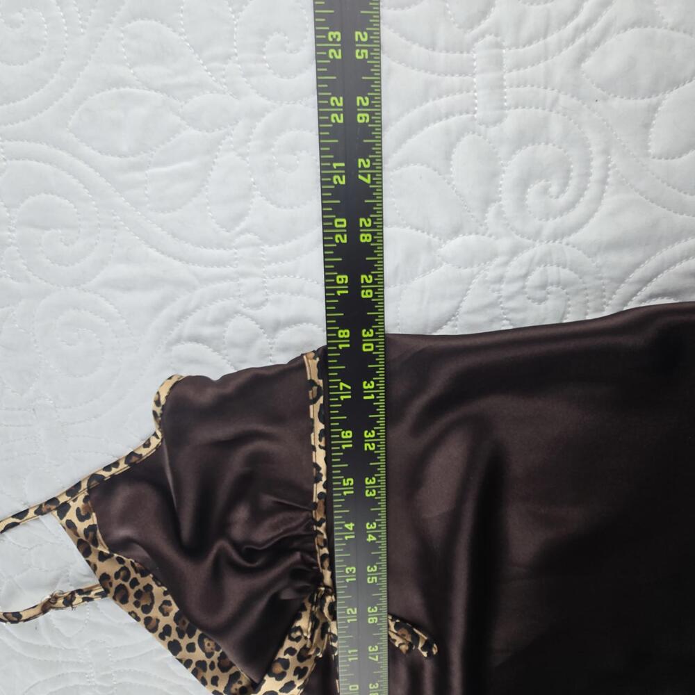 Y2K Morgan Taylor Intimates Brown Satin Slip Dress with Leopard Trim, Size M - Picture 6 of 7